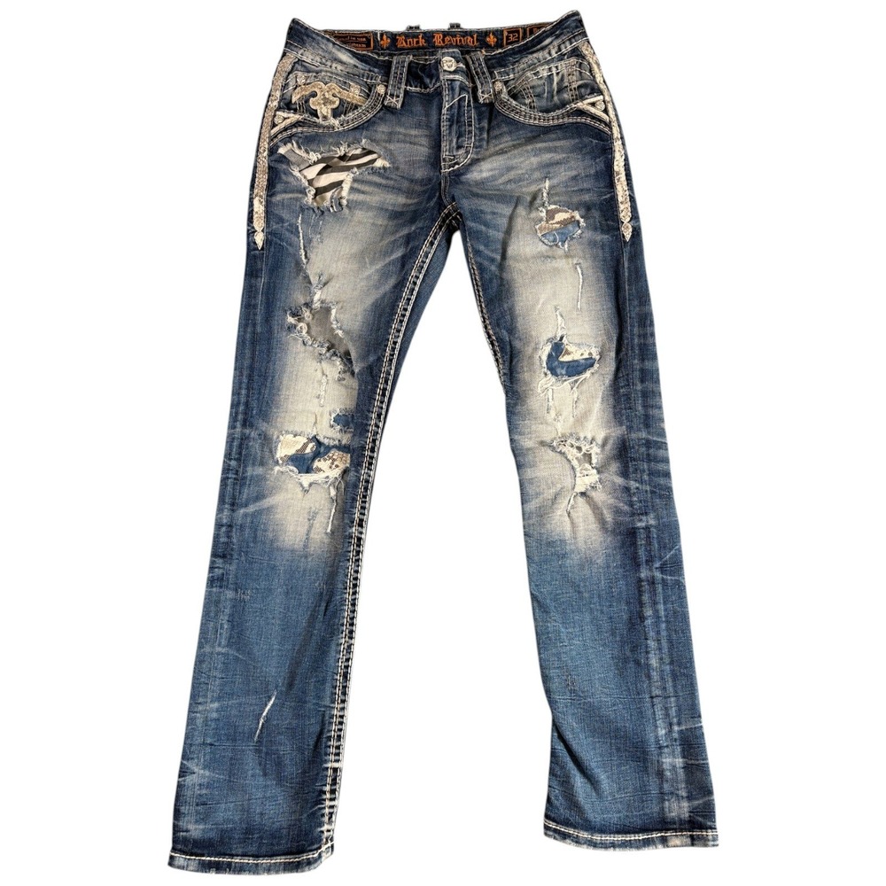 Rock Revival Bradley Jeans Mens 32 Blue Distressed Slim Straight Y2K Premium